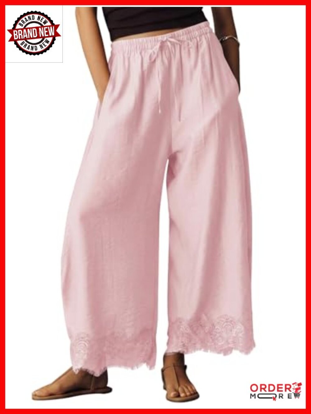 Cotton Lace Trim Wide Leg Cropped Pants Drawstring Casual